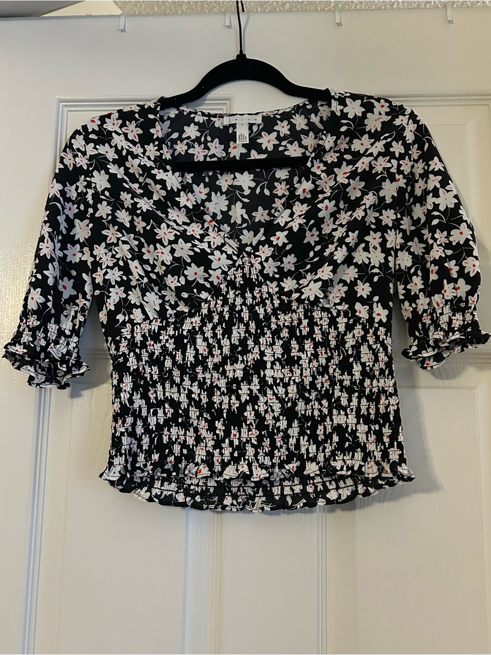 Leith Black Floral Shirred Peplum Top with White & Pink Flowers